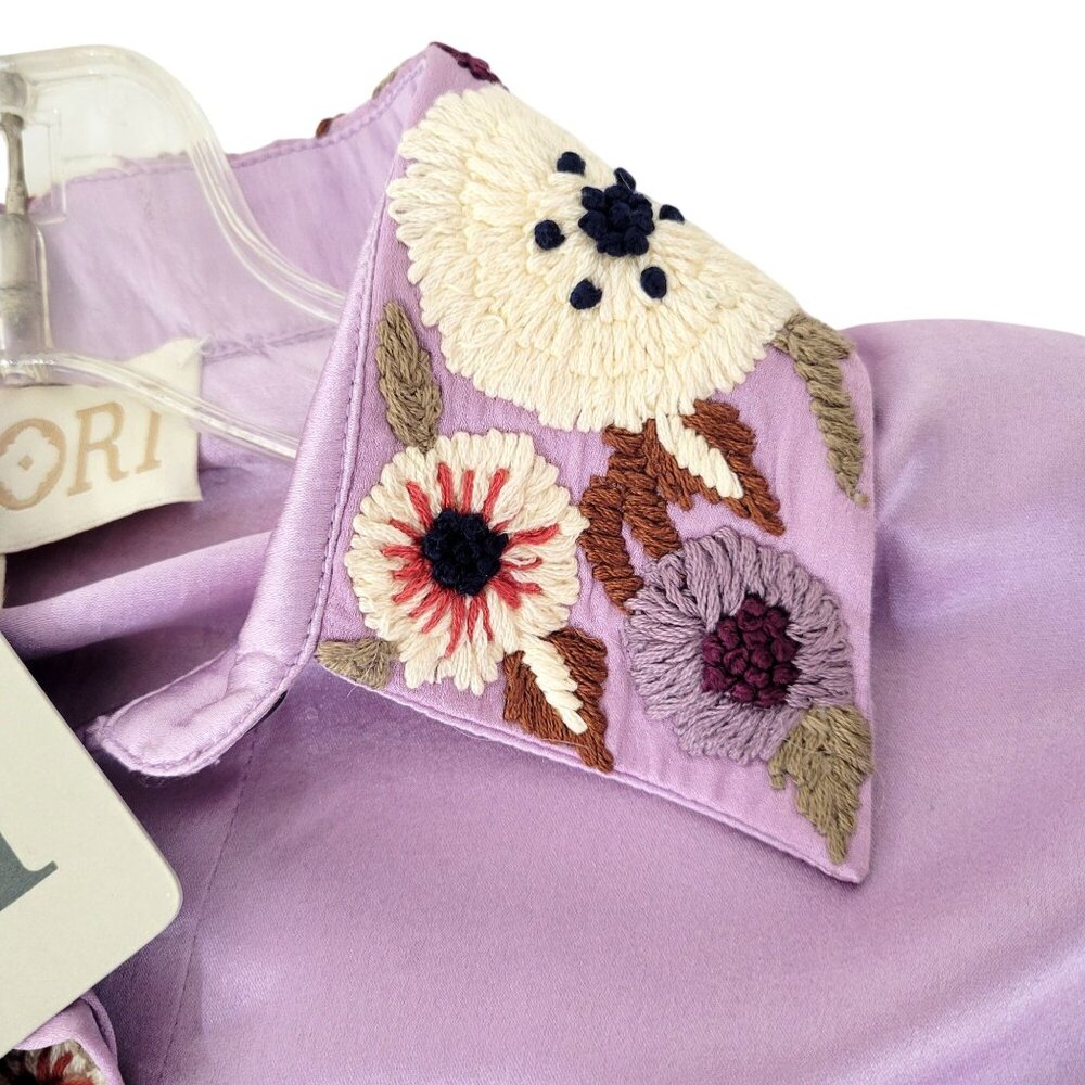 La Fuori Lavender Silk Embroidered Floral Shirt Women's XL with Original Tags - Picture 5 of 9